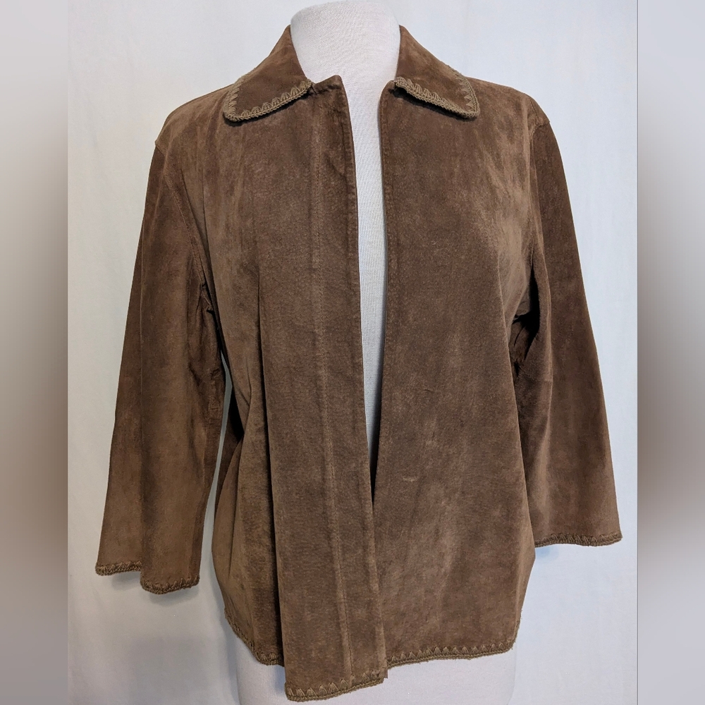 Liz Claiborne Retro Suede Open Front Jacket Crochet Edge Stitching Large